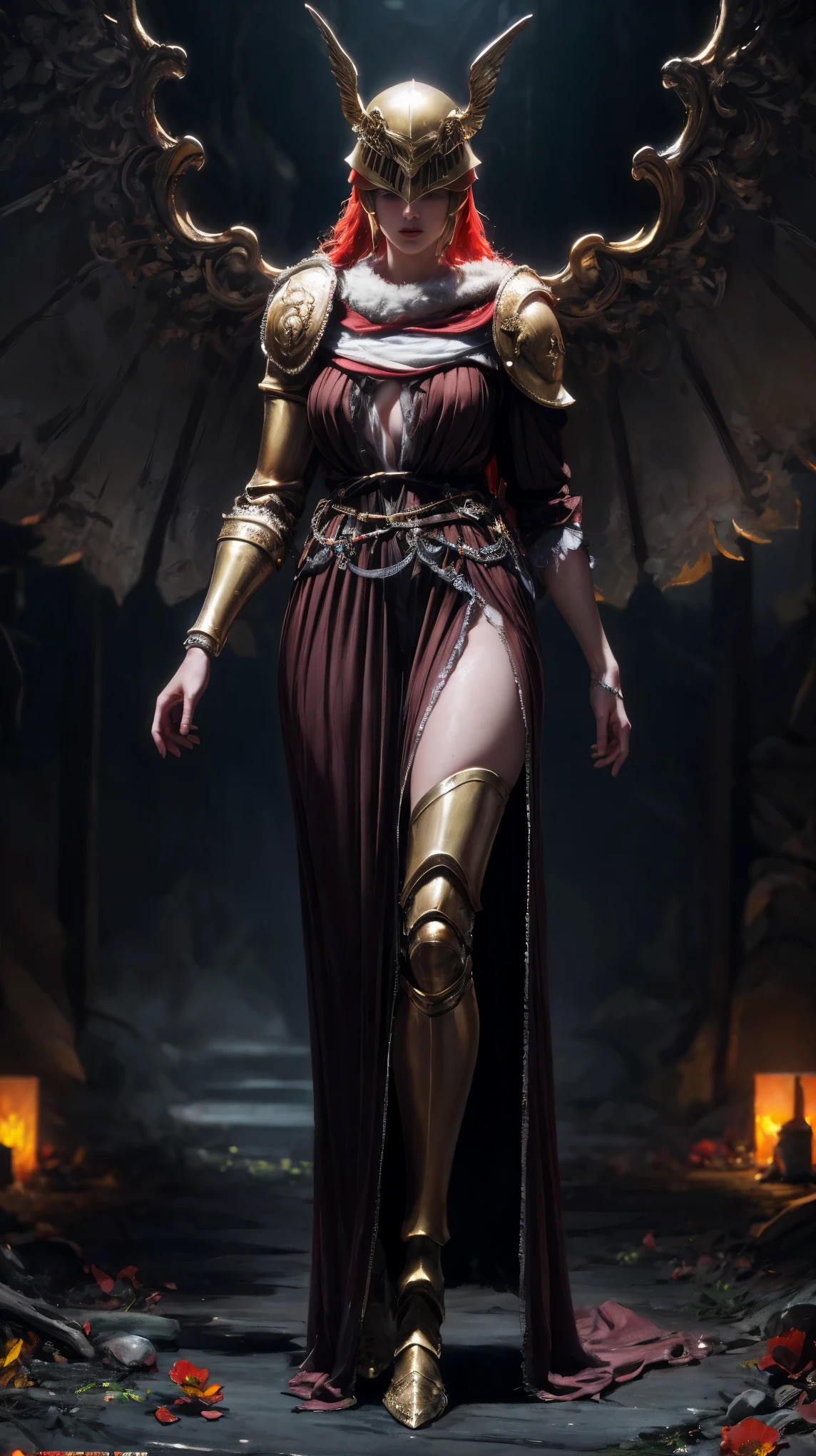 Highly detailed, high quality, masterpiece, beautiful, 1 girl, prosthetic leg, single mechanical arm, prosthesis, MaleniaDef, armor, cape, helmet, brown dress, full body, (best quality)), ((masterpiece: 1.2) ), (extremely detailed: 1.1), (8k, high quality, cinematic, hyper realistic, illustration), (autodesk maya, octane rendering, unreal engine, game character, ray tracing, hdr), (16mm focal length , f/4 aperture, dynamic perspective, depth of field), (1 girl, dynamic angle, casting pose. malenia, long bright red hair like blood, brown thorn-woven dress, single mechanical arm, prosthetic leg, prosthesis, boots of battle. Cloak of blood, underlying golden armor, valley of withered flowers, ancient sculptures around it), 3d, realistic, CG, 3D model, beautiful, elegant, confident, (hdri, bloom, edge lighting, soft lighting, discreet), zhongfenghua, delicate\(armor\) ancient robe, golden helmet, mage_glam, caftan,