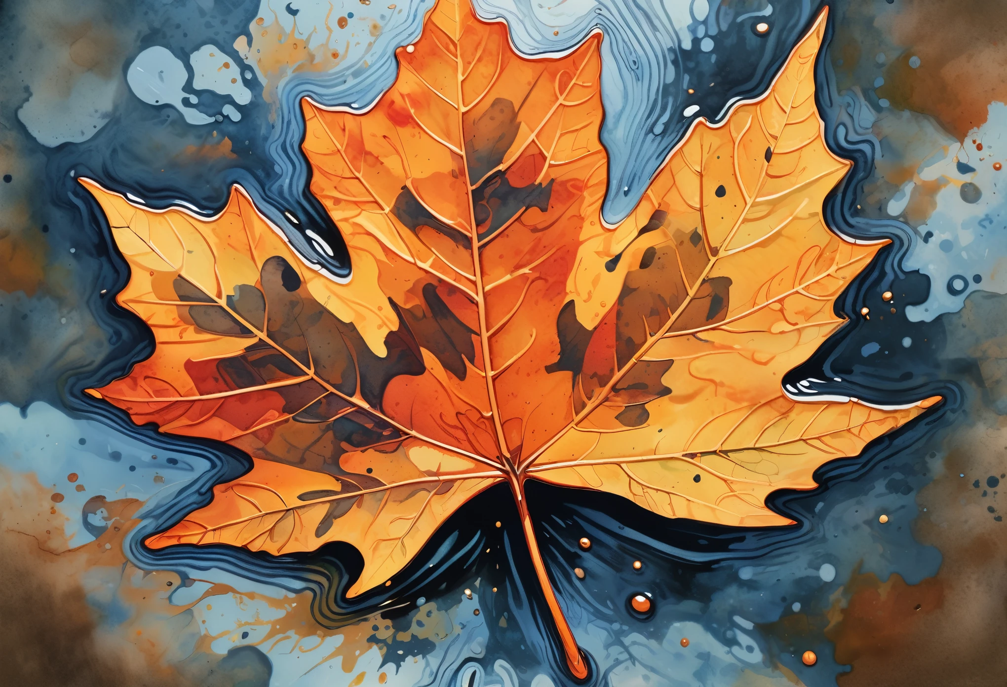 Ink illustration, realistic, extremely detailed, a close up of a fall sugar maple leaf floating on a reflective pond, vibrant color palette, asymmetrical fractals, sense of depth, ink stains, ink runs, ink splatters, ink spots