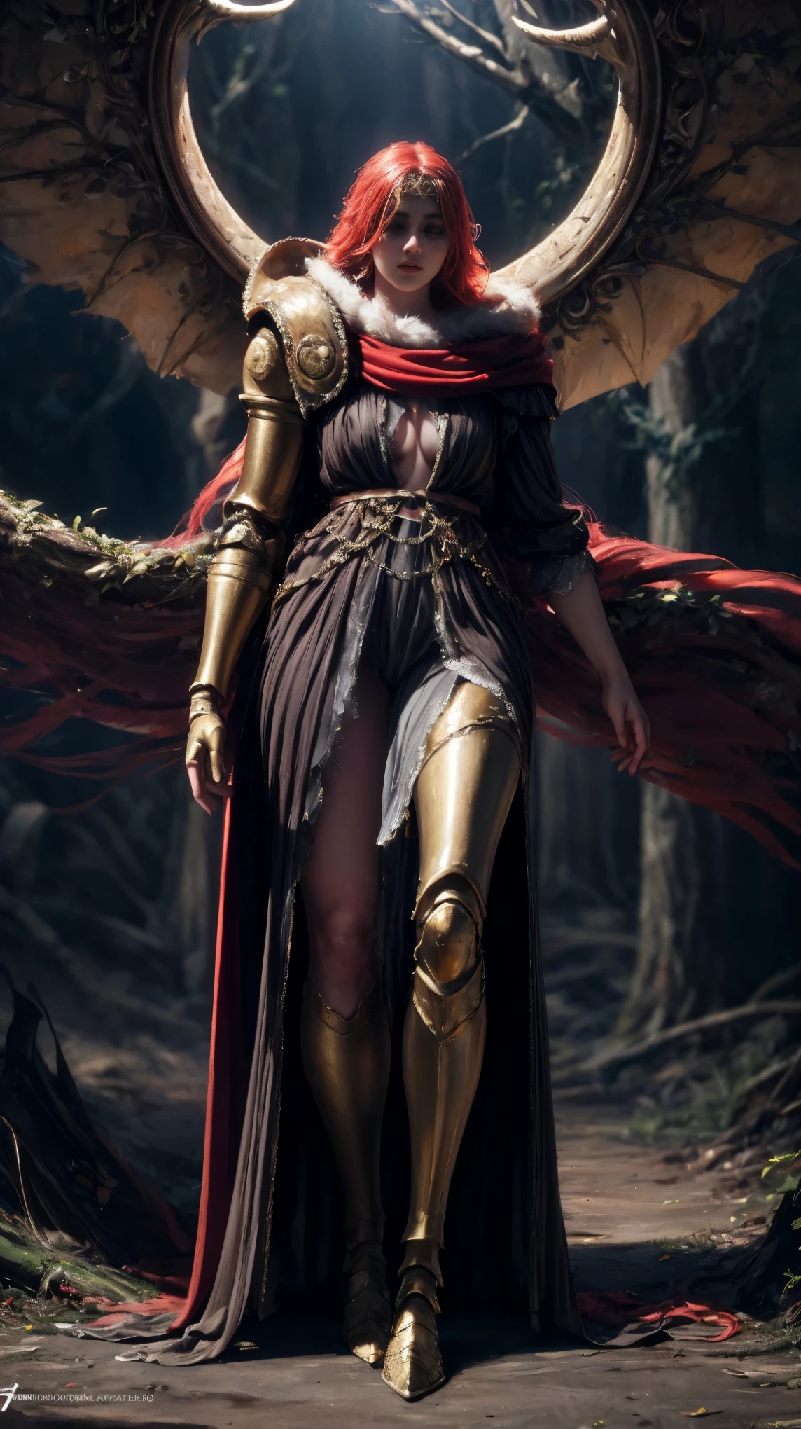 Highly detailed, high quality, masterpiece, beautiful, 1 girl, prosthetic leg, single mechanical arm, prosthesis, MaleniaDef, armor, cape, helmet, brown dress, full body, (best quality)), ((masterpiece: 1.2) ), (extremely detailed: 1.1), (8k, high quality, cinematic, hyper realistic, illustration), (autodesk maya, octane rendering, unreal engine, game character, ray tracing, hdr), (16mm focal length , f/4 aperture, dynamic perspective, depth of field), (1 girl, dynamic angle, casting pose. malenia, long bright red hair like blood, brown thorn-woven dress, single mechanical arm, prosthetic leg, prosthesis, boots of battle. Cloak of blood, underlying golden armor, valley of withered flowers, ancient sculptures around it), 3d, realistic, CG, 3D model, beautiful, elegant, confident, (hdri, bloom, edge lighting, soft lighting, discreet), zhongfenghua, delicate\(armor\) ancient robe, golden helmet, mage_glam, caftan,