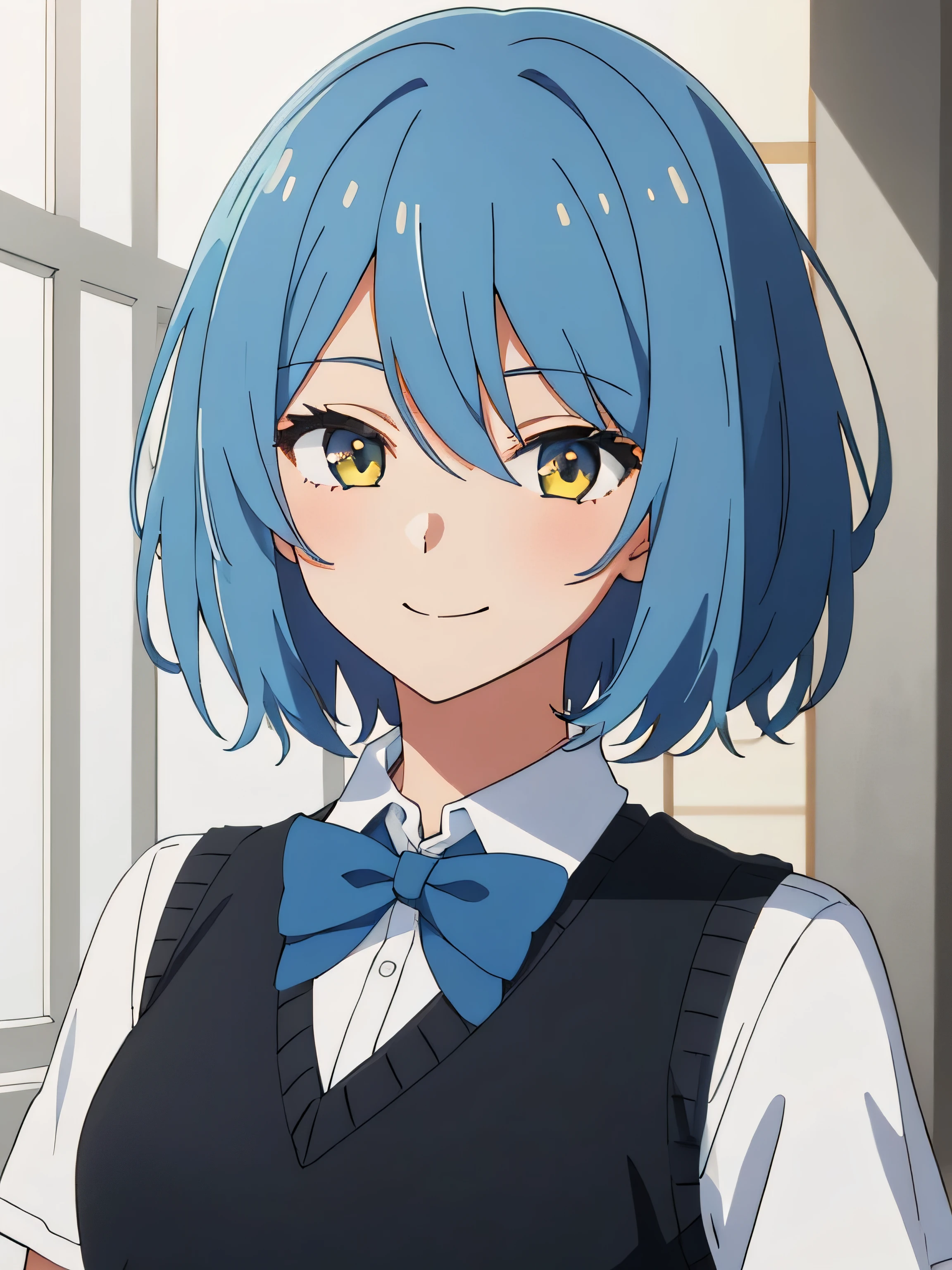 beautiful  lighting, 1girl in, solo, Sky blue hair, light blue hair, short hair length, Golden Yellow eyes colour, white  shirt, Sweater Vest, Black vest, Blue tie, ((anime styled)), ((2D)), A smile, (masterpiece)