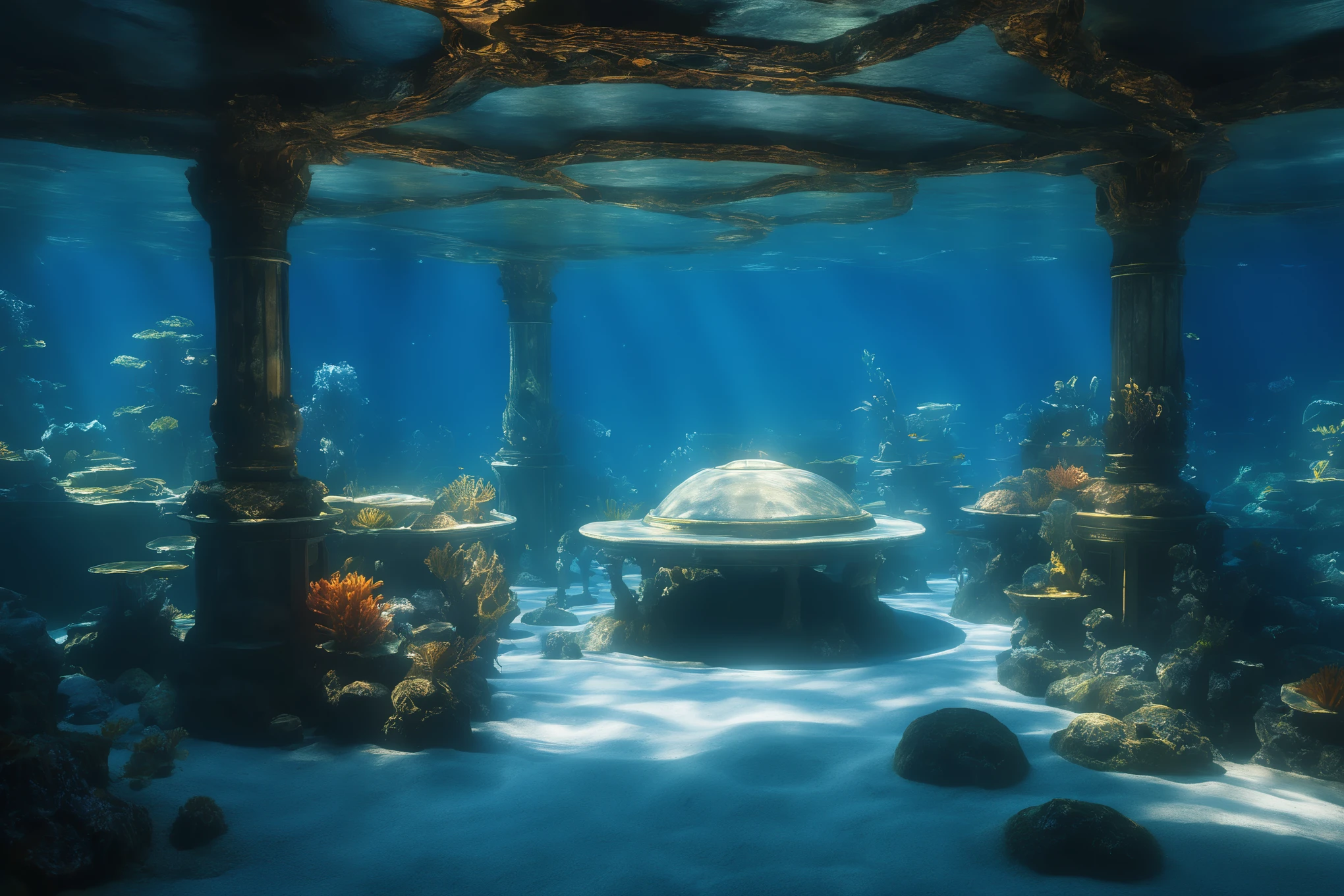 atlantis, under water, masterpiece, panorama, super detail, accurate, best quality, highres, 8K, super quality, hyperrealistic detail, detailed reflections, very far shot, ultra-wide angle, 3D, highest quality, deep rich shadows, ultra photorealistic, HDR, vivid colors, chiaroscuro, cinematic lighting, god rays, ray tracing, award winning