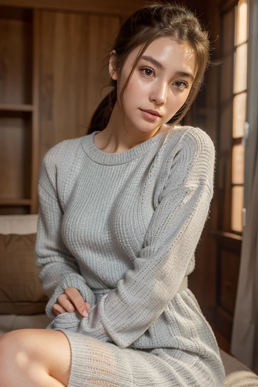 finely detail, hight resolution, hightquality、Perfect dynamic composition, Beautiful detailed eyes, Medium Hair, 、Natural Color Lip,Kamimehibuya、20 years girl、1 persons、Transparent skin、Glowing hair、masutepiece, Best Quality, Illustration, Ultra-detailed, finely detail, hight resolution, 8K、The correct state of the human body、Randomly cute poses,Ponytail hair,beauty legs,Perfect beautiful face,KPOP Idol Face,Face that feels ecstasy,Pale light grey knitted dress,Background blur,Randomly dress up as a model for a women's fashion magazine
