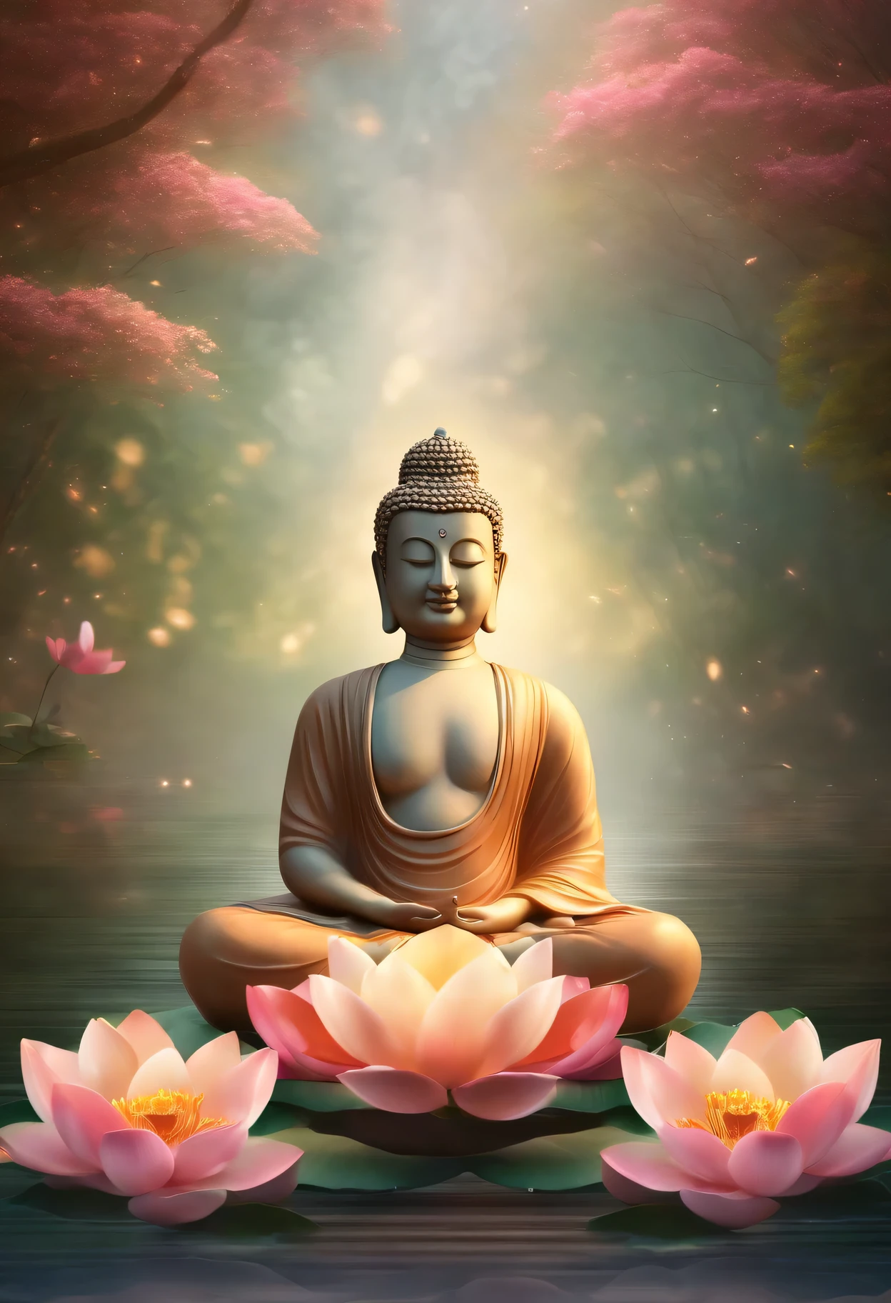 "(mejor calidad,high resolution,Obra maestra:1.2),detallada estatua de buda sentada sobre una vibrante flor de loto,serene and meditative atmosphere,lotus petals floating gently in the air,Luz sutil que ilumina la escena.,ethereal and calm,C:Colores pasteles suaves"