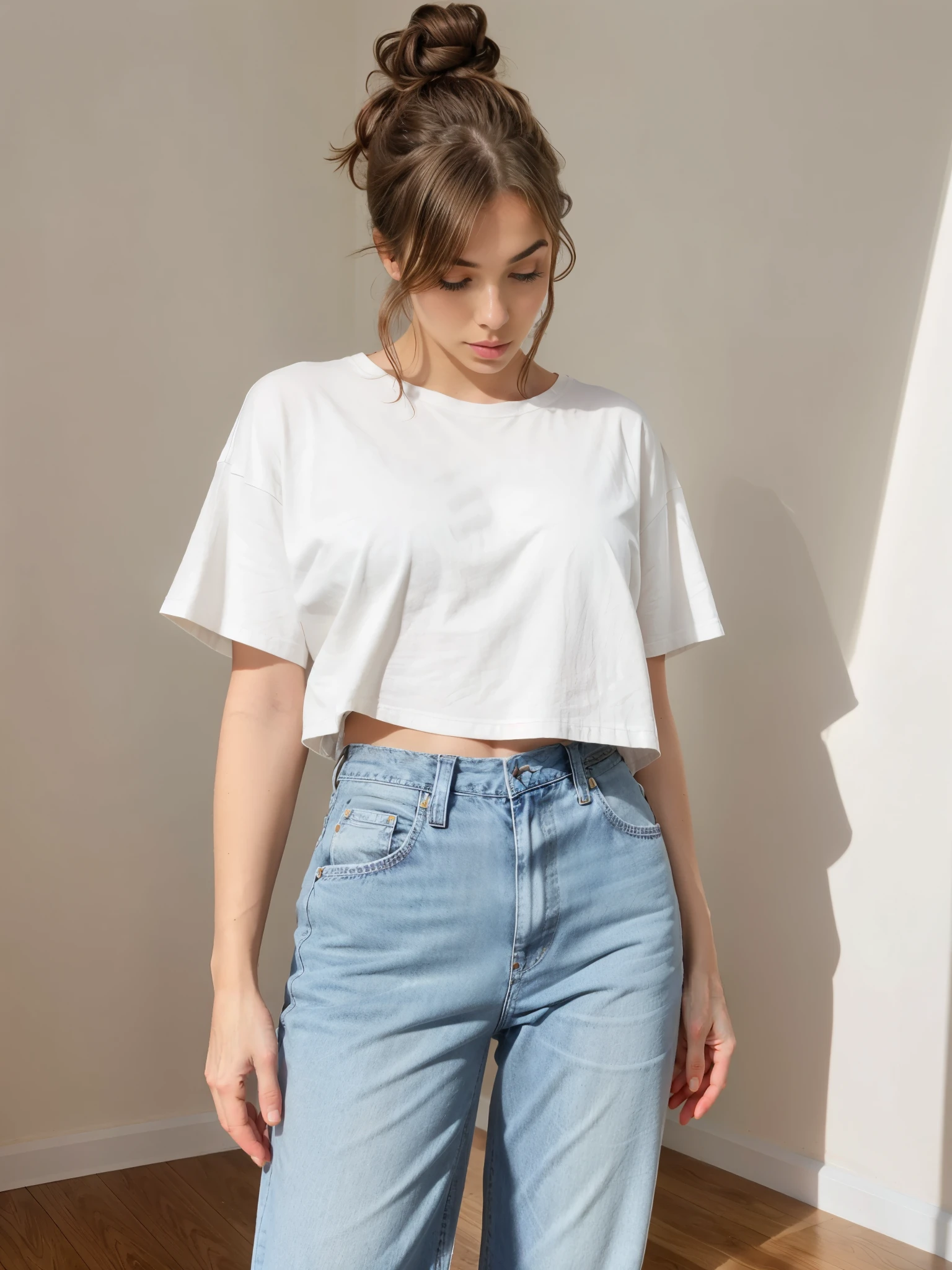 Kira Hope with brown hair and blue eyes, thick eyebrows, big width lips, messy bun, natural lighting, daylight with shadows, dimmed light, dimmed room, effortlessly chic, natural look, natural make-up, standing in a room, white plain wall as the background, wearing oversize t-shirt and jeans, standing still, no pose, arms behind the back, raw, mobile phone quality, full body photo, perfect body