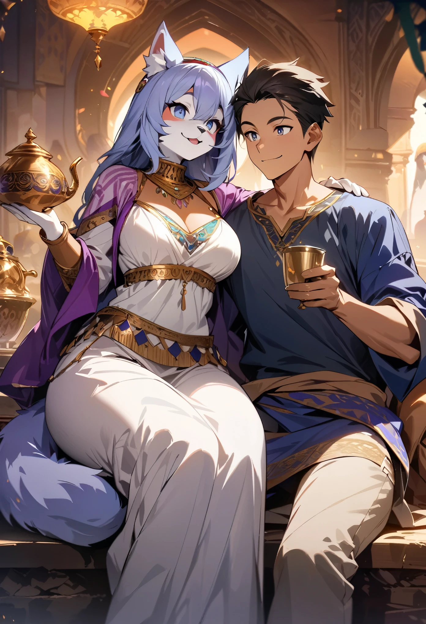 movie poster, highres, top quality, best quality, paid reward available, unparalleled masterpiece, perfect artwork, absurdres, High-quality illustrations, super high resolution, detailed background, perfect ???????(1girl, 1boy, couple, kemono, furry anthro, fearless smile, Arab national costume, love romance)Aladdin and the magic lamp,