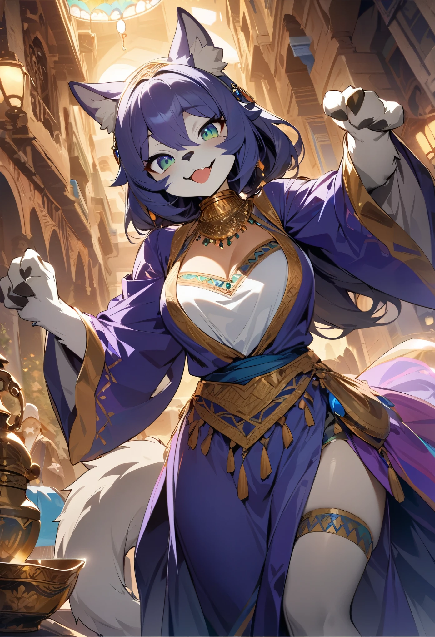 movie poster, highres, top quality, best quality, paid reward available, unparalleled masterpiece, perfect artwork, absurdres, High-quality illustrations, super high resolution, detailed background, perfect anatomy(1girl, 1boy, couple, kemono, furry anthro, fearless smile, Arab national costume, love romance)Aladdin and the magic lamp,