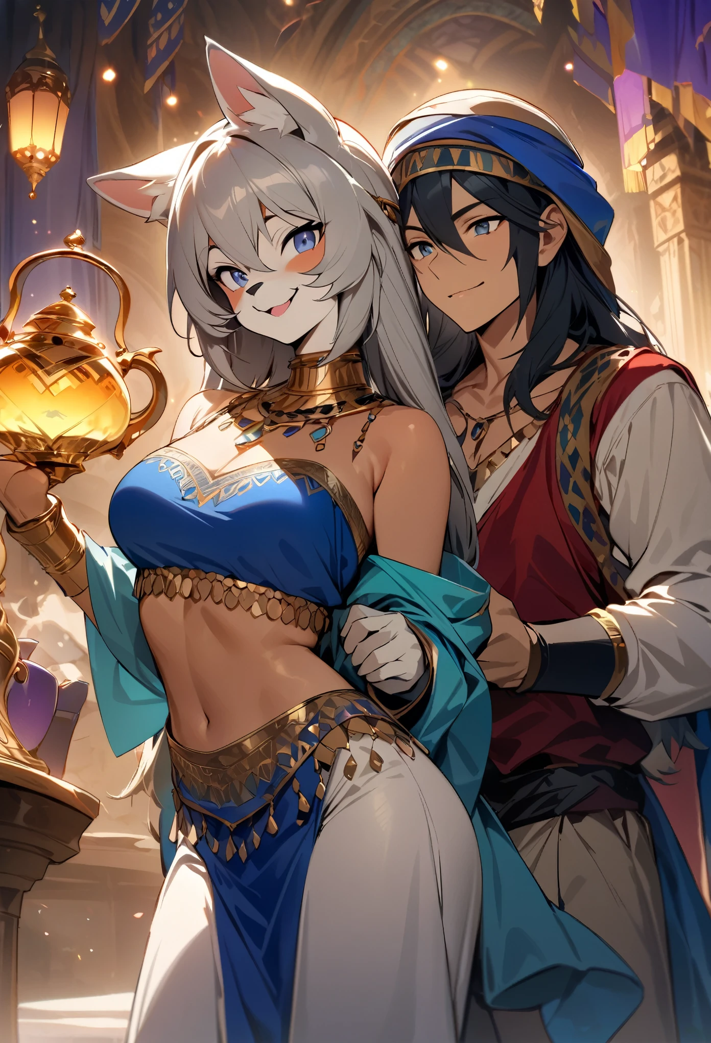 doujinshi cover page, highres, top quality, best quality, paid reward available, unparalleled masterpiece, perfect artwork, absurdres, High-quality illustrations, super high resolution, detailed background, perfect anatomy(1girl, 1boy, couple, kemono, furry anthro, fearless smile, Arab national costume, hugs from behind, love romance)Aladdin and the magic lamp,