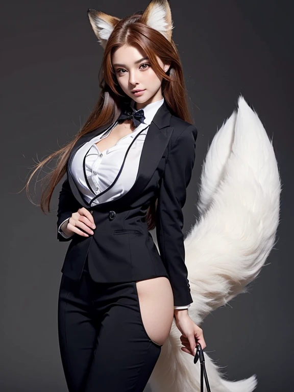 ((highest quality)), ((masterpiece)), (Get used to it), Perfect Face, Fox Girl, Beautiful woman, public, It has a tail, She has a fluffy tail, She has a fox's tail, She wags her tail, Troubled face, Collars and Leads, She is wearing a business suit, Beautiful Hips, Big tail
