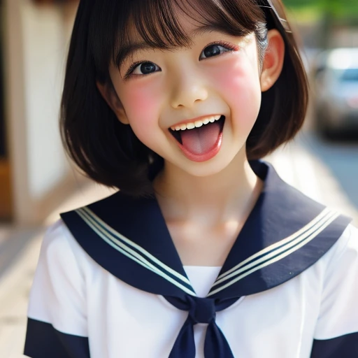 Japanese,10 years old,Short black hair,profile,Turn to the side,Look up,Face close-up,Please open your mouth wide,Stick your tongue out.,Show me your tongue,cute,Summer sailor uniform