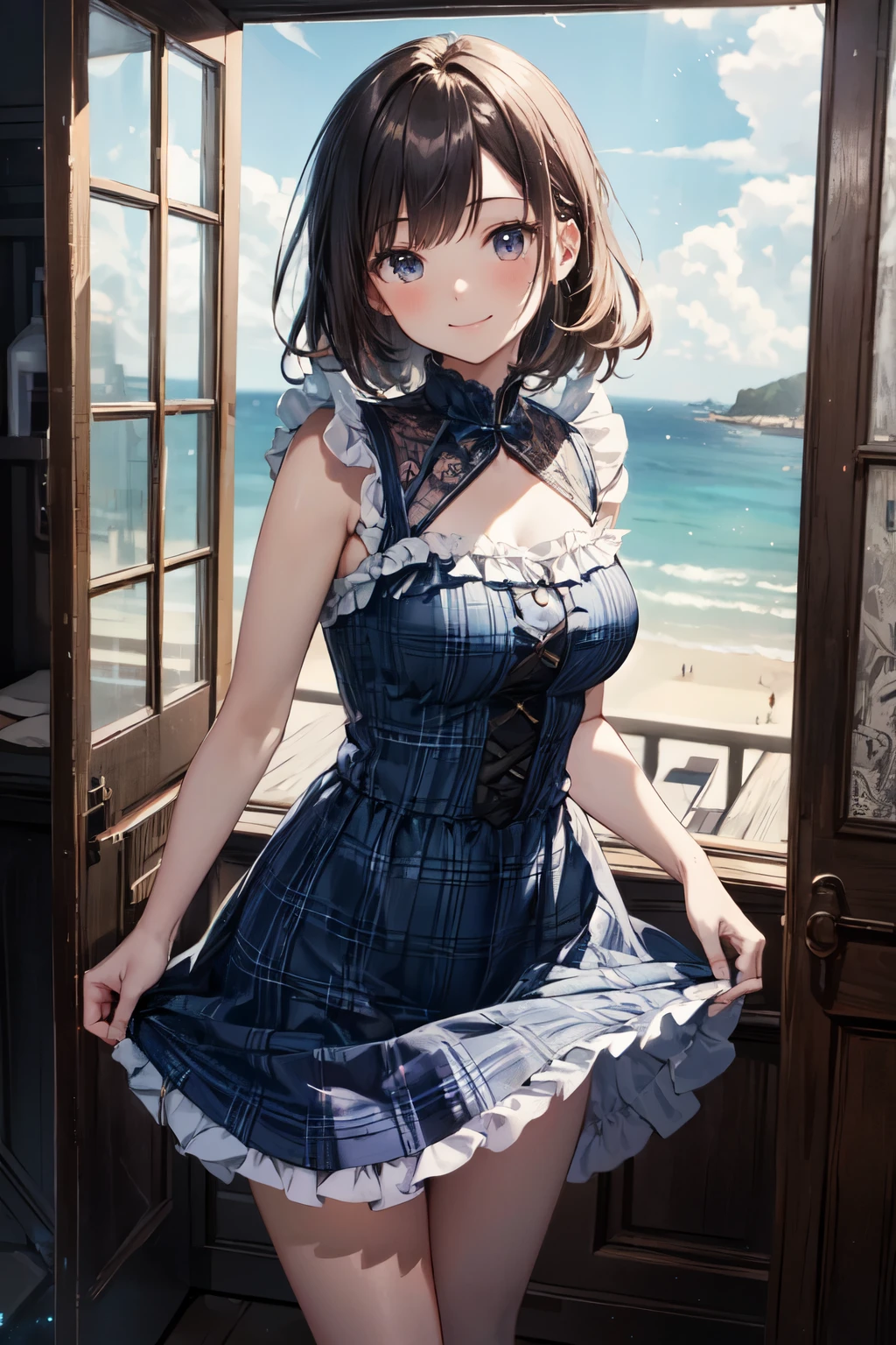 very cute and beautiful girl,(highly detailed beautiful face and eyes),(smile),blush,shy,black hair,low twintails,looking at viewer, standing,(white transparent dress),short skirt,exposing thighs,sandy beach, (best quality,masterpiece),absurdres,highres,ultra-detailed,extremely detailed,32k,8k resolution, intricate details,cinematic scene,detailed background,solo,dynamic angle,(realistic),