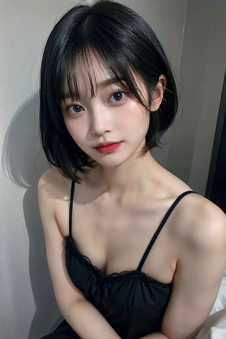 ((Highest quality, 8K, masterpiece: 1.3)), beauty, Hide your face, 1 Girl, beautiful: 1.3, Slim Abs: 1.1, camisole, Cleavage, Short black hair , (While sitting on the bed), Ultra detailed face, Highly detailed lips, Fine grain, double eyelid,Big Breasts