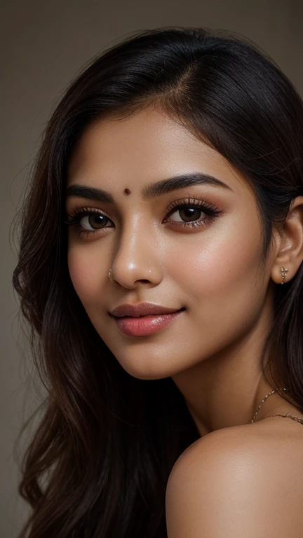 best quality,highres,masterpiece:1.2,ultra-detailed,realistic,bright lighting,beautiful detailed eyes,beautiful detailed lips,(long, black, wavy) hair,delicate facial features,even skin tone,South Asian woman,captivating gaze,graceful posture,gorgeous smile,fine eyebrows,ethereal presence,smooth complexion,vivid colors,studio lighting