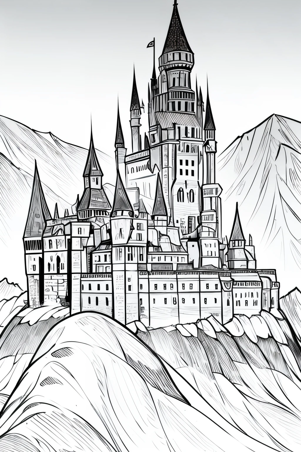 medieval dnd fantasy castle, castle on a hill, mountains in the background, very light colored grey scale