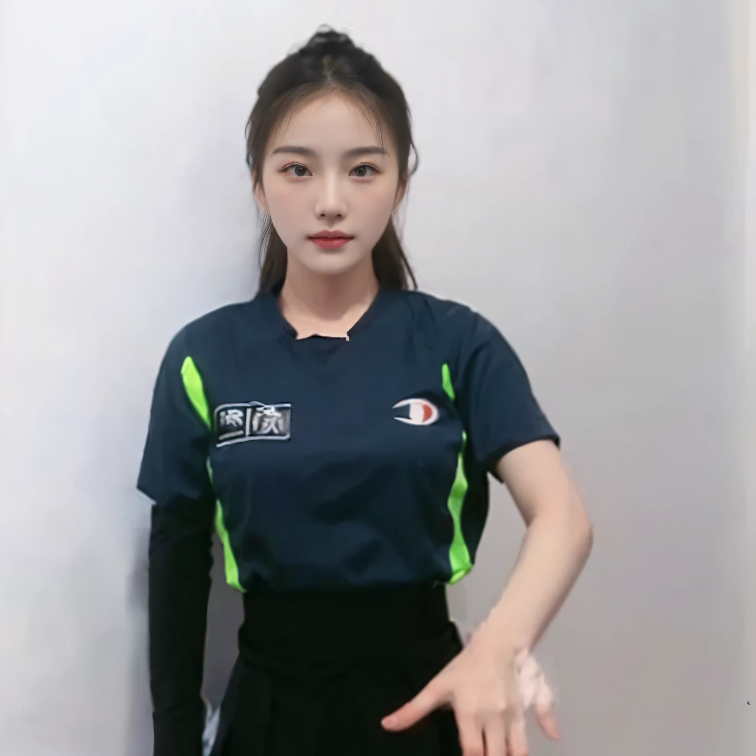 arafed woman in a blue shirt and black skirt posing for a picture, full body xianxia, in the style of sifu 🔥 😎 🕹️ 👀 :2, dilraba dilmurat, wearing track and field suit, xintong chen, standing pose, inspired by Zhang Shuqi, wenfei ye, professional sports style, xision wu