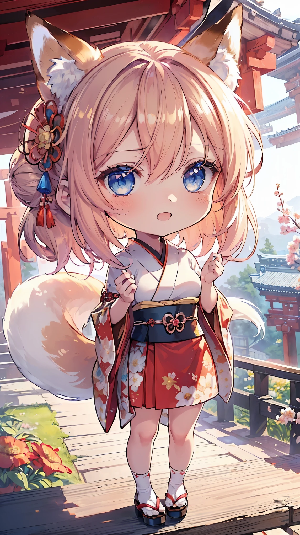 (((Masterpiece))), (((Highest quality))), ((Ultra-detailed)), ((Super fine illustration)), ((Ultra-fine painting)), (16K highest quality wallpaper:1.4), (Chibi:2.0), (Full body:1.6), HDR, (Highly detailed and delicate illustration style:1.8), Detailed skin texture, Detailed cloth texture, Extreme detailed description, (T-masterpiece), (Highly detailed face:1.2), (Highly detailed fox ears:1.2), (Highly detailed shiny golden brown half updo:1.2), (Highly detailed clear blue eyes:1.2), Original, RAW photo, Professional, Intricate details, Super details, Direct light:1.6, (Perfect anatomy:1.4), (Highly detailed hands:1.2), (Highly detailed fingers:1.2), (Highly detailed fingertips:1.2), (27-years-old), Real, (Solo:1.8), ((A very beautiful and attractive fox fashion model with blue eyes wearing a bright red furisode with a floral pattern:1.4)) BRAKE (Beautiful and adorable fox ears:1.6), (Highly detailed and delicate fox ears:1.4), (Beautiful and well-shaped big breasts:1.2), (Beautiful and well-shaped buttocks), (Beautiful and shiny golden brown half updo:1.4), (Highly detailed and delicate golden brown half updo:1.2), (Beautiful clear blue eyes that shine with great detail:1.6), (Highly detailed and delicate blue eyes:1.2), (Highly detailed face:1.4), (Smile:1.5), (Blush:1.4), (Looking at viewer:1.4), (Celebration:1.4) BRAKE (Bright red furisode with floral pattern:1.4), (Japanese traditional costume:1.2) BRAKE (Concept art:1.2), (Detailed fantasy art:1.2) BRAKE (Highly detailed and delicate Ise Grand Shrine in Mie Prefecture in the background just after noon in spring:1.6), (Celebration:1.4), Ise Grand Shrine:1.4, Torii gate of Ise Shrine:1.4, cherry blossoms:1.2, Very beautiful in the sunny sky background just after noon:1.4 BRAKE 