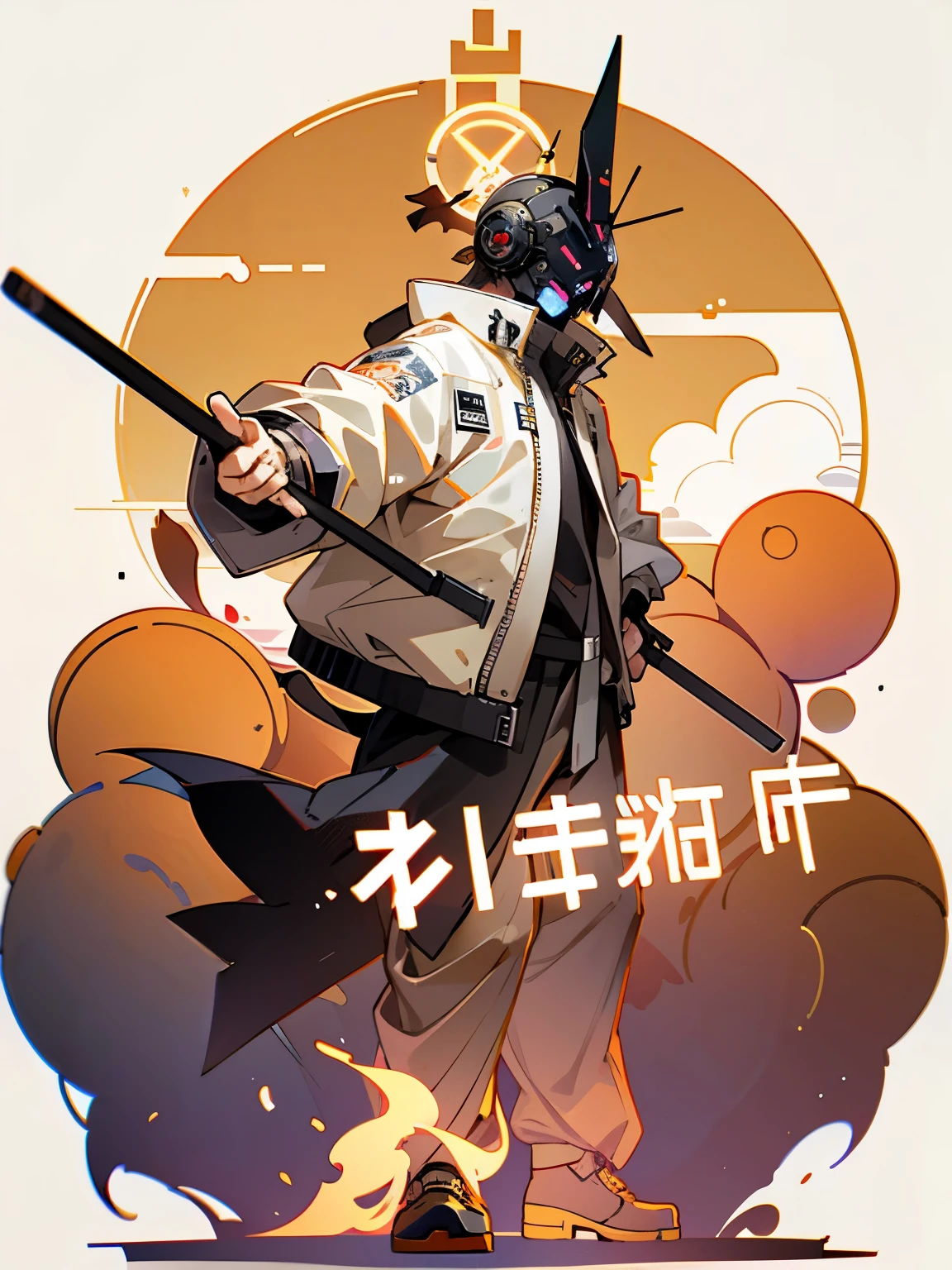 masterpiece, best quality, He is an old man with a futuristic sense.,The face of vicissitudes,Grandpa,Silhouette figure,Chinese Land God,Holding a cane with a gourd hanging on it,Traditional image of the God of Land,Tradition meets modernity,Chinese style,Wearing a fantastic cyber helmet,LED lights and halo on the helmet, Wearing a sand-colored Techwear jacket with "Peace in the World" written on it, Full body white background