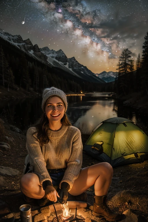 1 woman ((upper body selfie, happy)), masterpiece, best quality, ultra-detailed, ground, outdoor, (night), mountains, nature, (stars, moon) cheerful, happy, backpack, bag sleeping, camping stove, water bottle, mountain boots, gloves, sweater, hat, lantern, forest, stones, river, wood, smoke, shadows, contrast, clear sky, style, (warm hue, warm tone)