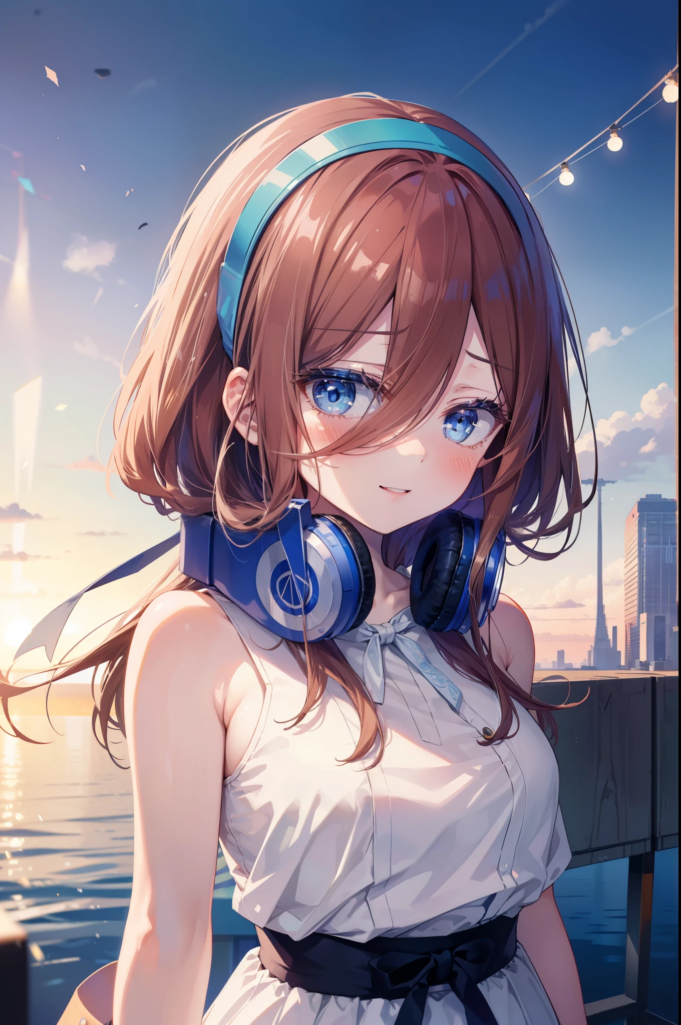 Miku Nakano, Miku Nakano, Long Hair, bangs, blue eyes, Brown Hair, Blue Hairband ,Hair between the eyes, Headphones around the neck,smile,blush,White Sleeveless Dress,Exposing shoulders,Bare arms,Long skirt,Cute Sandals,Daytime,sunny,happy smile, smile, Open your mouth,whole bodyがイラストに入るように,Looking up from bottom to top,rainbow,walking,
break outdoors, In town,ビル街
break looking at viewer,whole body,  
break (masterpiece:1.2), highest quality, High resolution, unity 8k wallpaper, (shape:0.8), (Beautiful details:1.6), Highly detailed face, Perfect lighting, Extremely detailed CG, (Perfect hands, Perfect Anatomy),