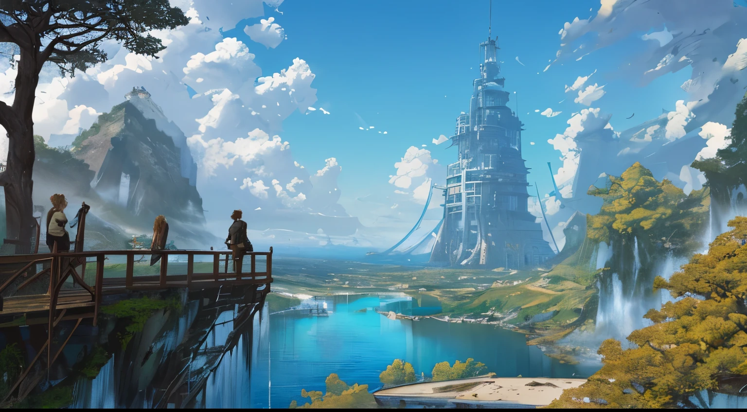 Masterpiece, high detail, 8K resolution, ConceptArt, scenery, water, sky, day, tree, cloud, waterfall, outdoors, ruined building, nature, river, blue sky, 1 woman, blonde, ponytail, brown coat, trousers, a wanderer, Makoto Shinkai artstyle