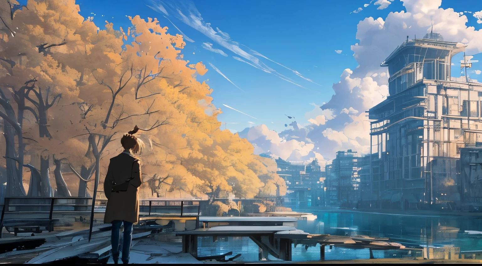 Masterpiece, high detail, 8K resolution, ConceptArt, scenery, water, sky, day, tree, cloud, waterfall, outdoors, ruined building, nature, river, blue sky, 1 woman, blonde, ponytail, brown coat, trousers, a wanderer, Makoto Shinkai artstyle
