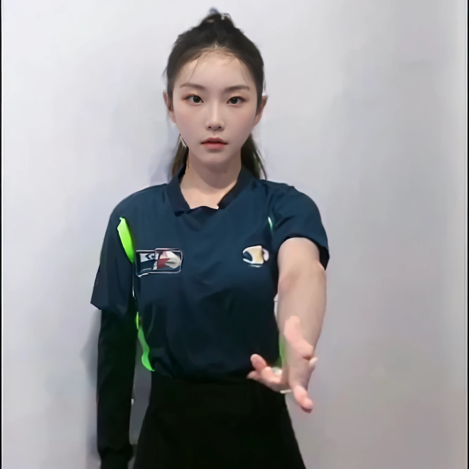 arafed woman in a blue shirt is holding a tennis racket, in the style of sifu 🔥 😎 🕹️ 👀 :2, wearing track and field suit, t pose, fighting stance, low quality video, shooting pose, yanjun chengt, korean woman, wave a hand at the camera, standing pose, full body xianxia