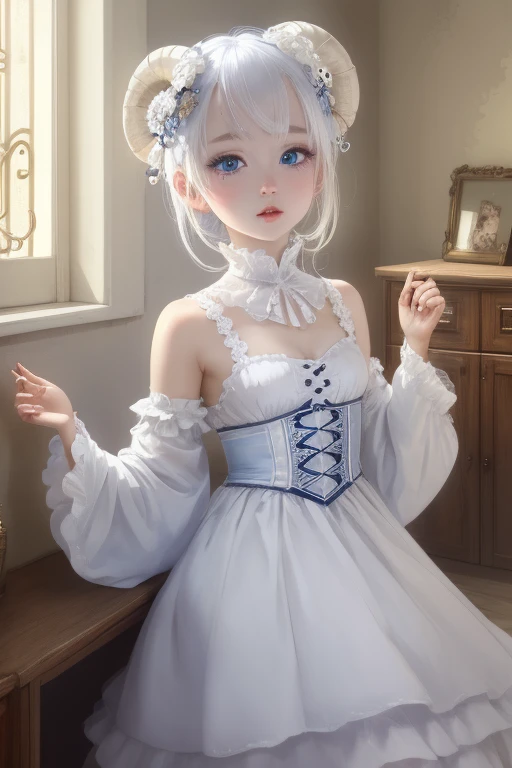 (masterpiece, highest quality,), One Girl, alone,Ram、blue eyes、White Hair、White eyebrows、Enchanting
