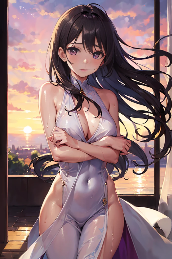  a mesmerizing female model , with (striking:1.3) features, (graceful:1.2) posture, and (confident:1.2) gaze, posing in a (flowing:1.1) gown against a (dramatic:1.2) sunset backdrop, (golden hour:1.1) lighting casting a warm glow, (gentle:1.1) breeze gently tousling her hair, (delicate:1.2) flowers in her hands, (ethereal:1.3) atmosphere, (timeless:1.2) beauty captured by (renowned:1.2) fashion photographer, (insert photographers name), using a (high resolution:1.1) medium format camera, (prime lens:1.2) for exquisite detail and (dreamy:1.1) bokeh, {dark brown hair, long hair, blown hair, [[large breasts]], medium breasts, purple eyes}, wet, {sweat} , bedroom