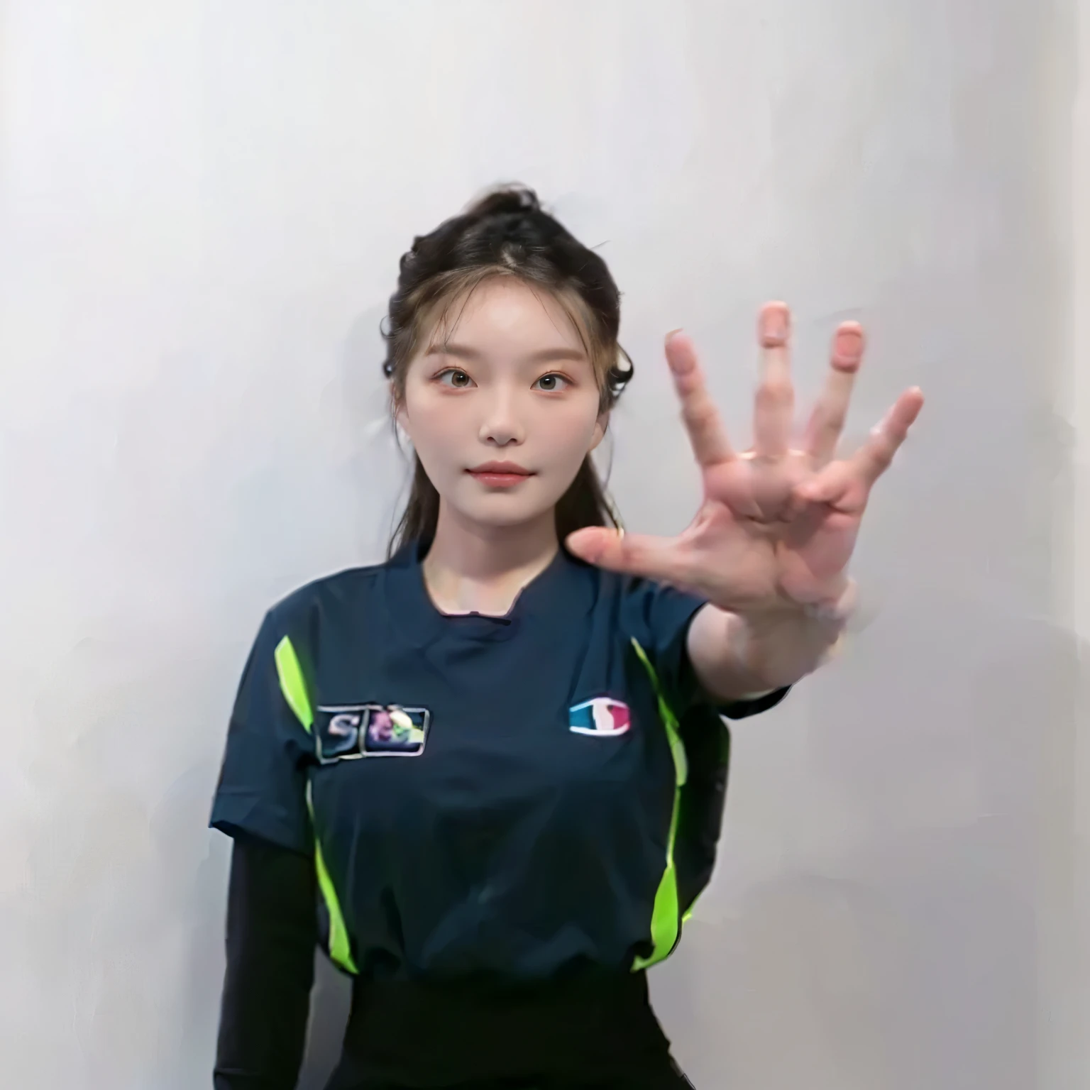 arafed woman in a blue shirt holding up her hand, exactly 5 fingers, 5 fingers, 5 fingers). full body, wave a hand at the camera, hand gesture, four fingers maximum, only five fingers, 5 fingers). full body realistic, shin min jeong, gesture, with fingers, in the style of sifu 🔥 😎 🕹️ 👀 :2