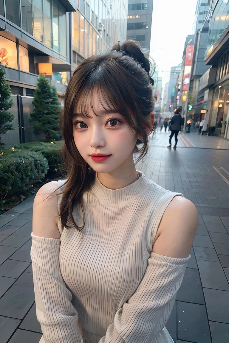 finely detail, hight resolution, hightquality、Perfect dynamic composition, Beautiful detailed eyes, Medium Hair, 、Natural Color Lip,Kamimehibuya、20 years girl、1 persons、Transparent skin、Glowing hair、masutepiece, Best Quality, Illustration, Ultra-detailed, finely detail, hight resolution, 8K、The correct state of the human body、Randomly cute poses,Ponytail hair,beauty legs,Perfect beautiful face,KPOP Idol Face,Face that feels ecstasy,Pale light grey knitted dress,Background blur,Randomly dress up as a model for a women's fashion magazine