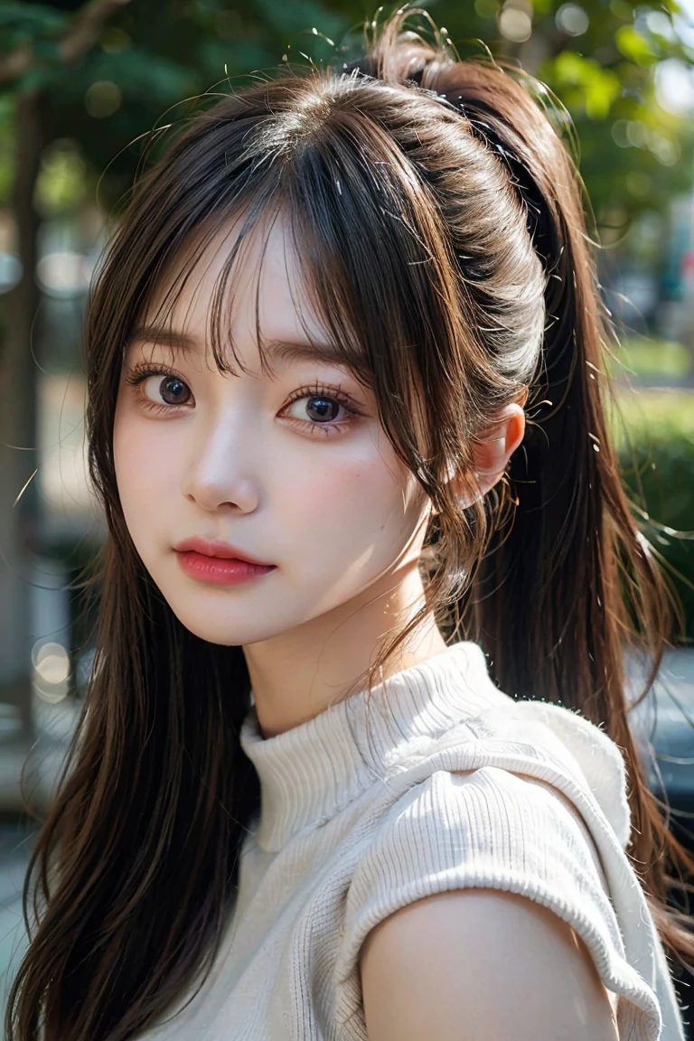 finely detail, hight resolution, hightquality、Perfect dynamic composition, Beautiful detailed eyes, Medium Hair, 、Natural Color Lip,Kamimehibuya、20 years girl、1 persons、Transparent skin、Glowing hair、masutepiece, Best Quality, Illustration, Ultra-detailed, finely detail, hight resolution, 8K、The correct state of the human body、Randomly cute poses,Ponytail hair,beauty legs,Perfect beautiful face,KPOP Idol Face,Face that feels ecstasy,Pale light grey knitted dress,Background blur,Randomly dress up as a model for a women's fashion magazine