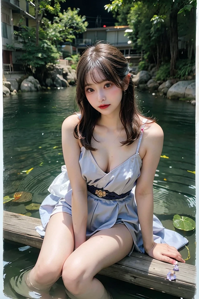 1girl in, Solo, Beautiful, Cute, Perfect girl body shape,Brightly colored kimono, red blush, Full body, flower petals, Beautiful background,small breasts with cleavage, Small, long kimino, sit near the river and dip your feet in the water, Fish in the water, red black camisole, hand on the breasts、white  hair、Light purple eyes、Bob Hair、Long sideburns、nighttime scene、Erotic face