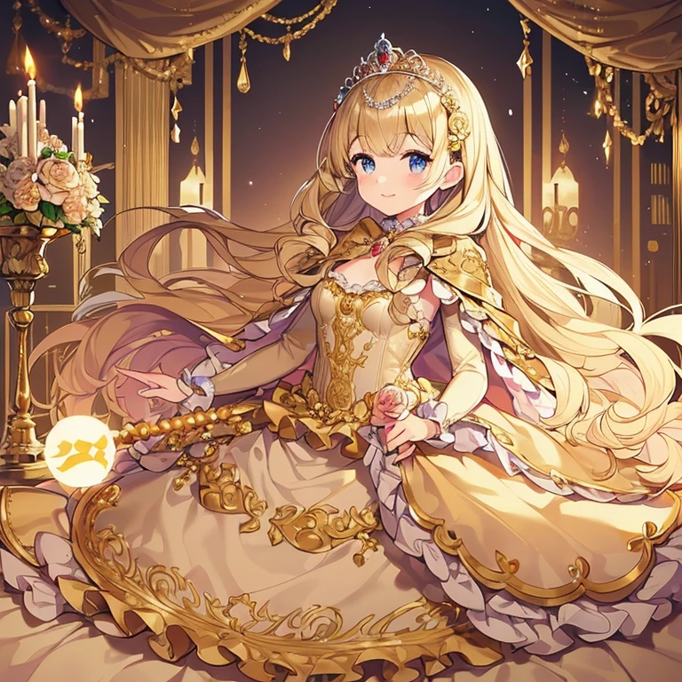 (kawaii),(best quality),(ultra detailed),(rococo style),(long train beige cape:1.15), very long cape,(long train beige ball gown with flower decorations), a girl is wearing a cape over her gown, 1 little princess, tiara with blue jewelry, smile, very long hair, small breasts, beautiful detailed eyes, beautiful detailed lips
