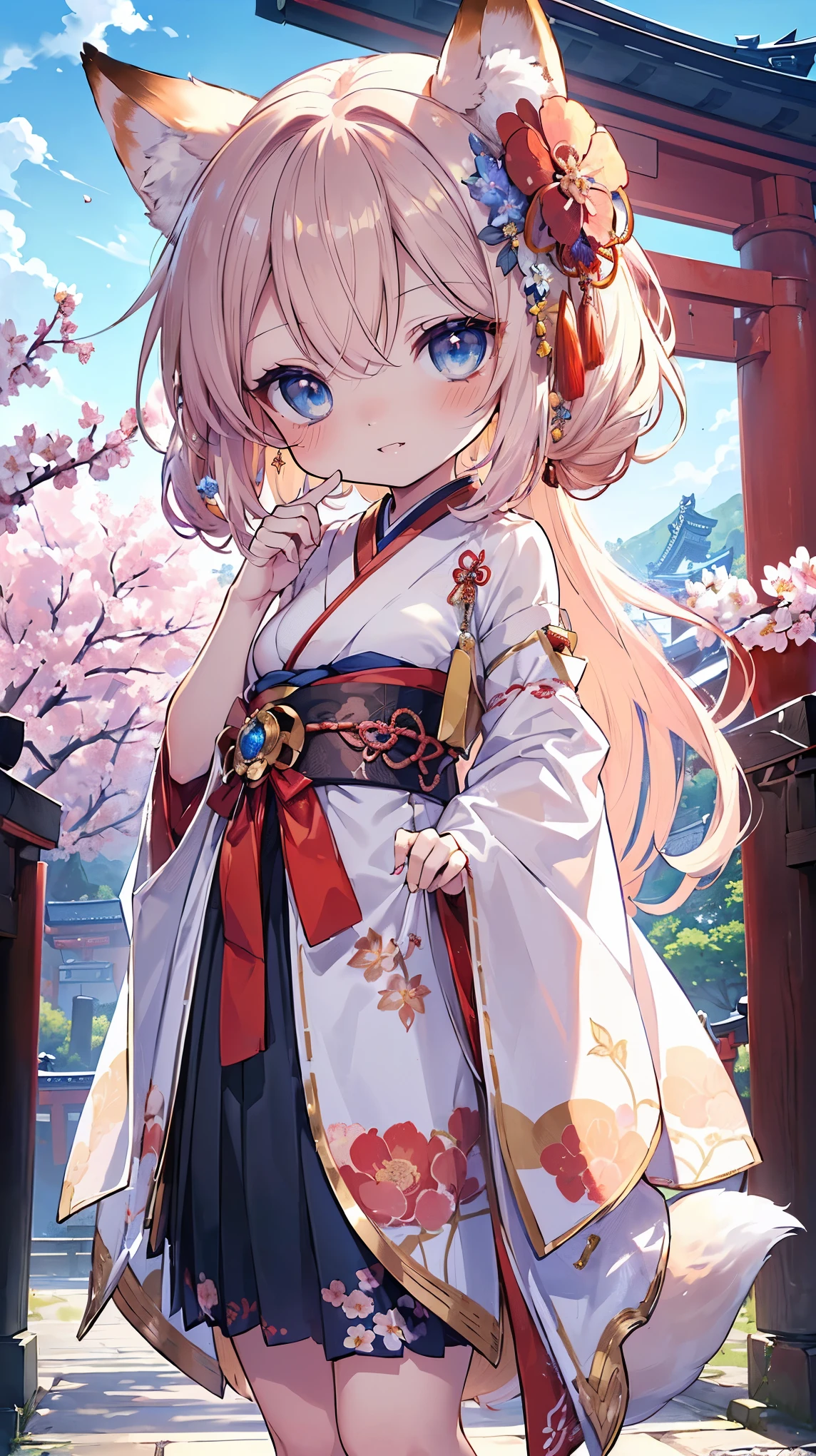 (((Masterpiece))), (((Highest quality))), ((Ultra-detailed)), ((Super fine illustration)), ((Ultra-fine painting)), (16K highest quality wallpaper:1.4), (Chibi:2.0), (Full body:1.6), HDR, (Highly detailed and delicate illustration style:1.8), Detailed skin texture, Detailed cloth texture, Extreme detailed description, (T-masterpiece), (Highly detailed face:1.2), (Highly detailed fox ears:1.2), (Highly detailed shiny golden brown half updo:1.2), (Highly detailed clear blue eyes:1.2), Original, RAW photo, Professional, Intricate details, Super details, Direct light:1.6, (Perfect anatomy:1.4), (Highly detailed hands:1.2), (Highly detailed fingers:1.2), (Highly detailed fingertips:1.2), (27-years-old), Real, (Solo:1.8), ((A very beautiful and attractive fox fashion model with blue eyes wearing a bright red furisode with a floral pattern:1.4)) BRAKE (Beautiful and adorable fox ears:1.6), (Highly detailed and delicate fox ears:1.4), (Beautiful and well-shaped big breasts:1.2), (Beautiful and well-shaped buttocks), (Beautiful and shiny golden brown half updo:1.4), (Highly detailed and delicate golden brown half updo:1.2), (Beautiful clear blue eyes that shine with great detail:1.6), (Highly detailed and delicate blue eyes:1.2), (Highly detailed face:1.4), (Smile:1.5), (Blush:1.4), (Looking at viewer:1.4), (Celebration:1.4) BRAKE (Bright red furisode with floral pattern:1.4), (Japanese traditional costume:1.2) BRAKE (Concept art:1.2), (Detailed fantasy art:1.2) BRAKE (Highly detailed and delicate Ise Grand Shrine in Mie Prefecture in the background just after noon in spring:1.6), (Celebration:1.4), Ise Grand Shrine:1.4, Torii gate of Ise Shrine:1.4, cherry blossoms:1.2, Very beautiful in the sunny sky background just after noon:1.4 BRAKE