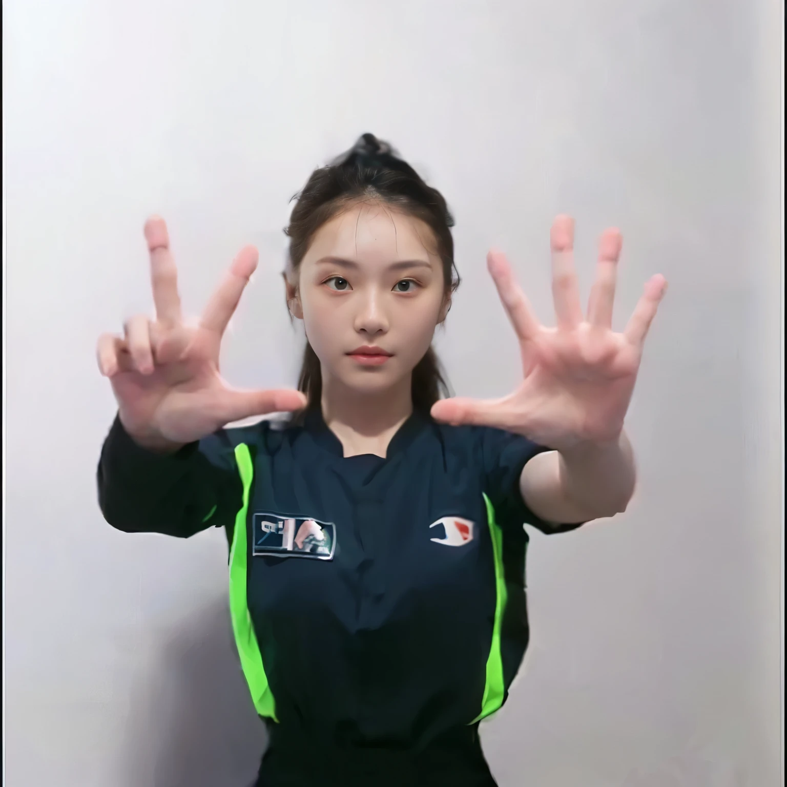arafed woman in a blue shirt making a stop sign, 5 fingers, exactly 5 fingers, 5 fingers). full body, four fingers maximum, in the style of sifu 🔥 😎 🕹️ 👀 :2, hand gesture, wave a hand at the camera, 2 arms and 2 legs, only five fingers, with fingers, hands up