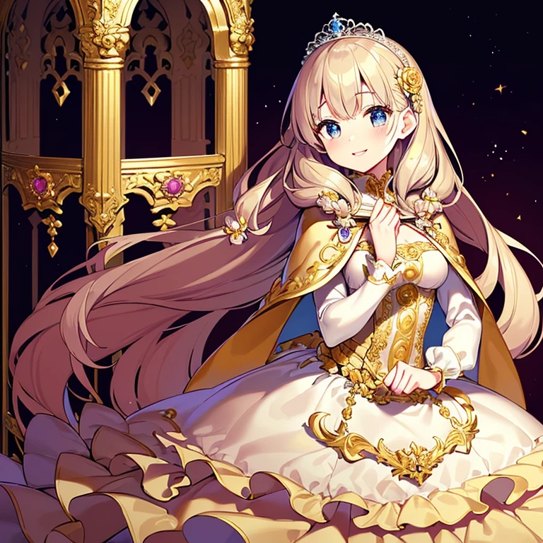 (kawaii),(best quality),(ultra detailed),(rococo style),(long train beige cape:1.15), very long cape,(long train beige ball gown with flower decorations), a girl is wearing a cape over her gown, 1 little princess, tiara with blue jewelry, smile, very long hair, small breasts, beautiful detailed eyes, beautiful detailed lips