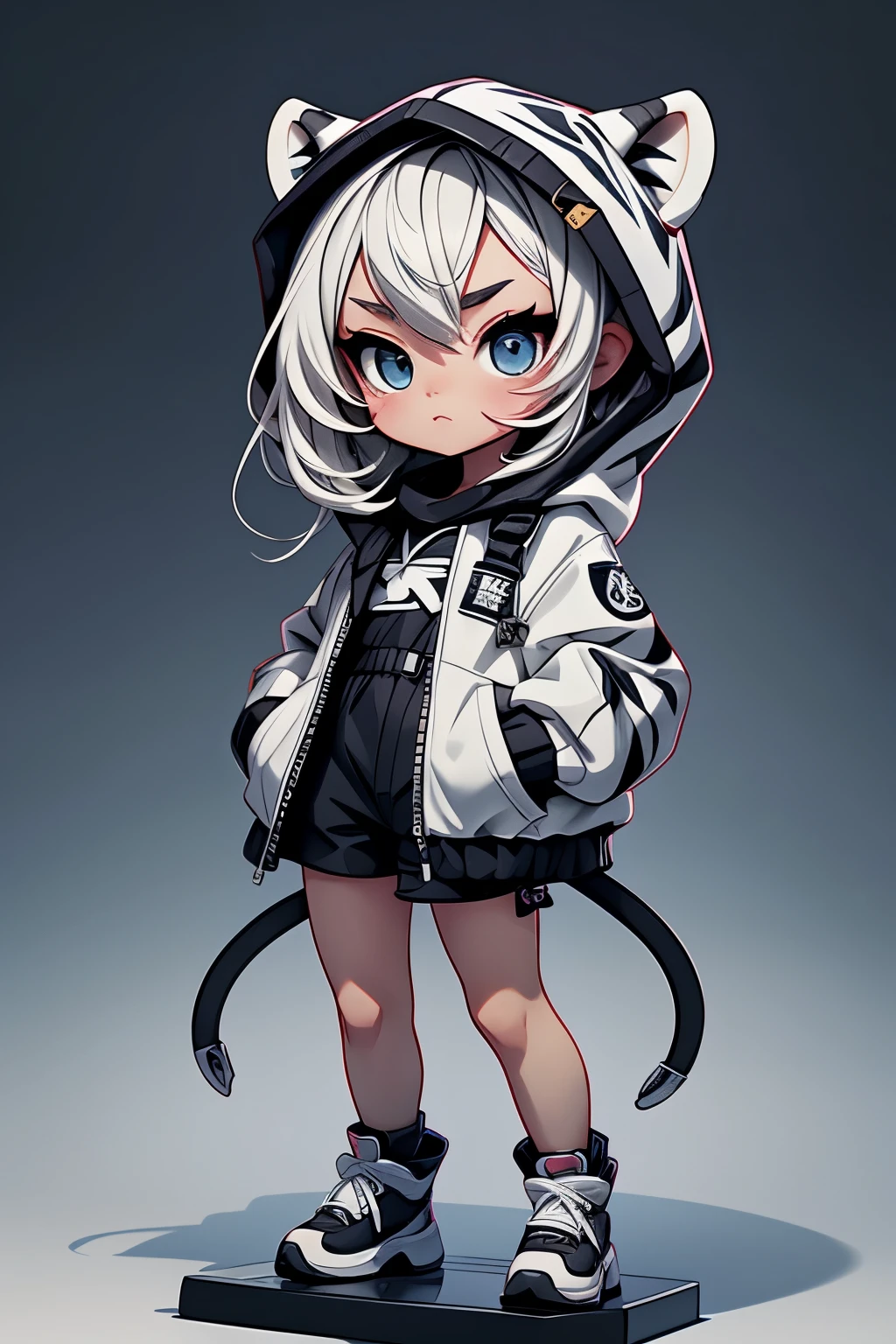 One Girl、Chibi、Black and white tiger costume、Wearing a hood、