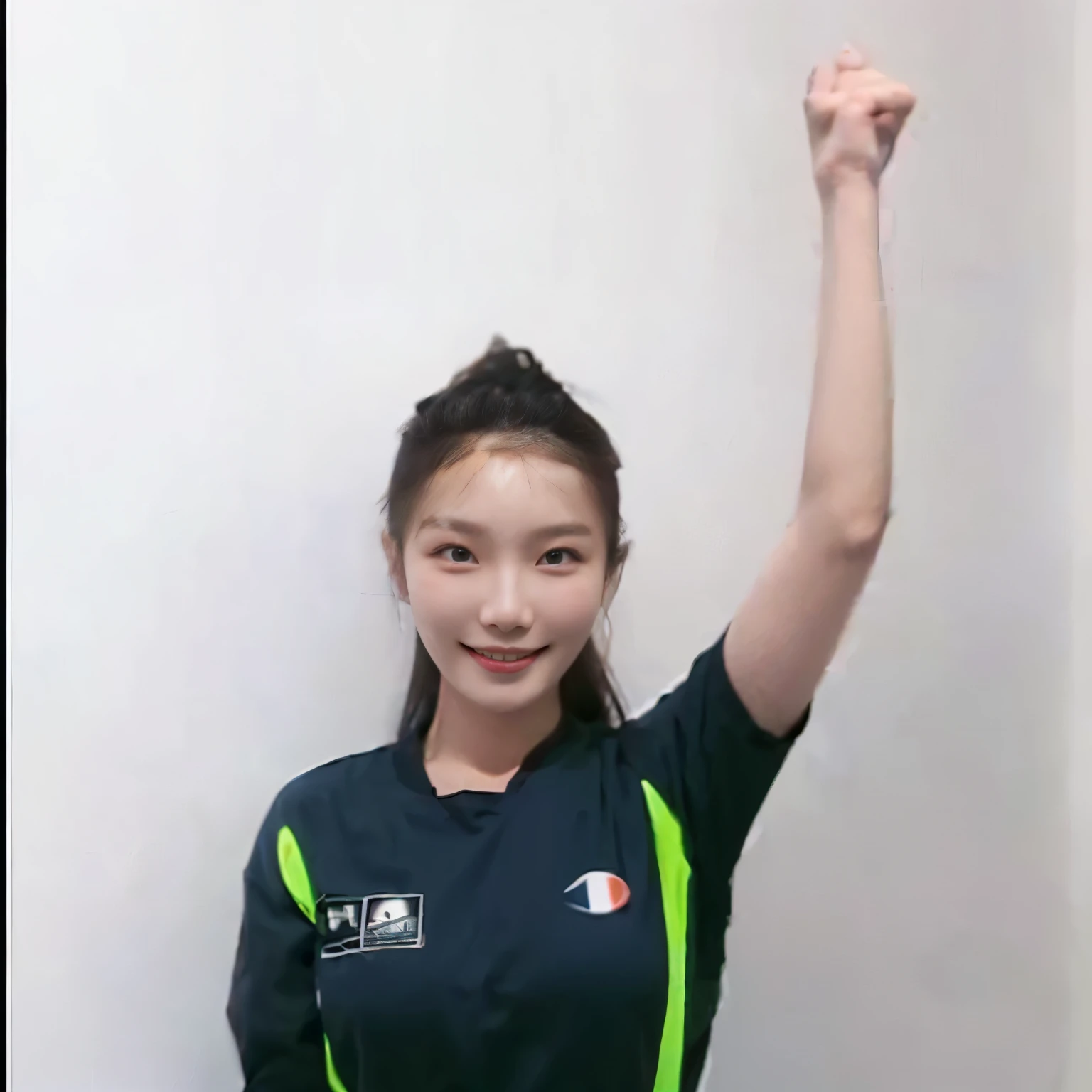 a close up of a person raising their arm in the air, with arms up, shin min jeong, pose(arms up + happy), t pose, t - pose, t-pose, jiyun chae, fighting pose, lee ji-eun, arms extended, lee ji - eun, korean woman, heonhwa choe, shooting pose, jung gi kim