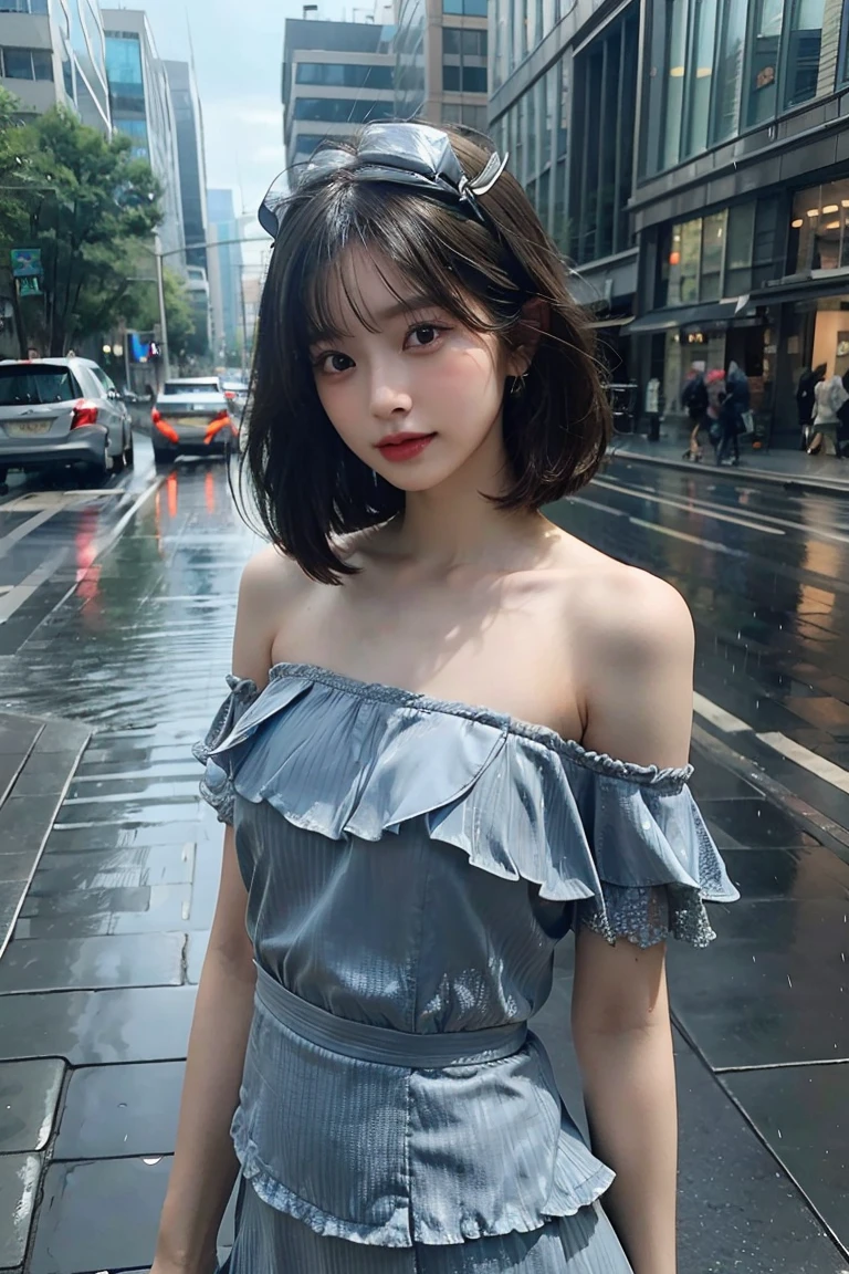 ((Best Quality, 8k, Masterpiece: 1.3)), Focus: 1.2, Perfect Body Beauty: 1.4, Buttocks: 1.2, ((Layered Haircut, Flat Chest: 1.2)), (Rain, Street:1.3), Bandeau Dress: 1.1, Highly Detailed Face and Skin Texture, Fine Eyes, Double Eyelids, Whitened Skin, Long Hair, (Shut Up: 1.3), Full Body