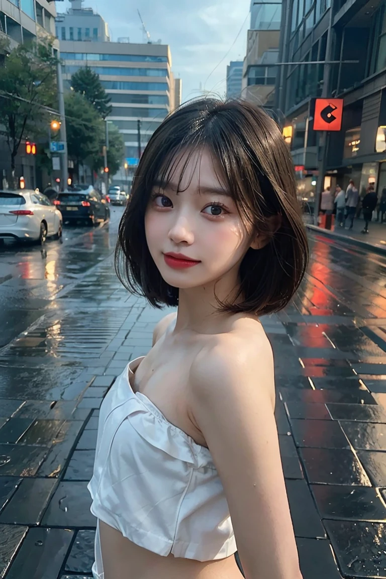 ((Best Quality, 8k, Masterpiece: 1.3)), Focus: 1.2, Perfect Body Beauty: 1.4, Buttocks: 1.2, ((Layered Haircut, Flat Chest: 1.2)), (Rain, Street:1.3), Bandeau Dress: 1.1, Highly Detailed Face and Skin Texture, Fine Eyes, Double Eyelids, Whitened Skin, Long Hair, (Shut Up: 1.3), Full Body