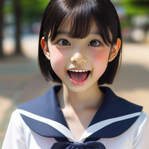 Japanese,,Short black hair,profile,Turn to the side,Look up,Face close-up,Please open your mouth wide,Stick your tongue out.,Show me your tongue,cute,Summer sailor uniform