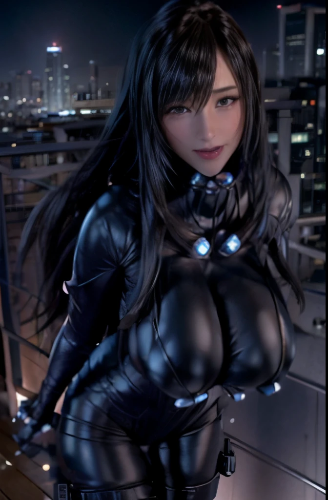 woman、smile、Bodysuits、cute、Bodyline、City of night、Beautiful night view in the background、beauty、highest quality、Big Breasts、Huge Tity chest feels like it&#39;s about to burst、Breast bags、Describe the whole body、Skyscraper rooftop、Sexy pose、、Too much exposure、Clothes are torn. High leg、barefoot