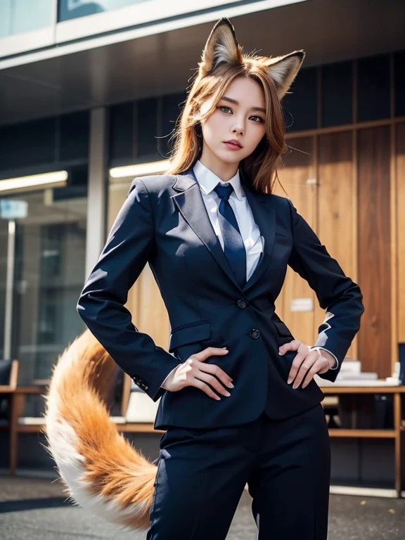 ((highest quality)), ((masterpiece)), (Get used to it), Perfect Face, Fox Girl, Beautiful woman, public, It has a tail, She has a fox&#39;s tail, She wags her tail, Troubled face, Collars and Leads, She is wearing a business suit, Beautiful Hips, Big tail, A tail sticking out from a business suit