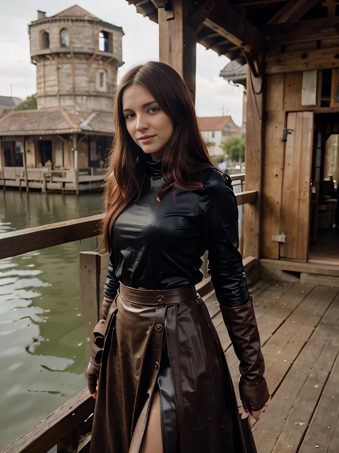 ((fantasy setting)), (old fashioned), (realistic), (facing camera), (year 1400), (western), 1 girl smiling Chaterine denevue , maroon hair, standing on pier, relaxed, 20 years old, leather armor, gloves, Brown long maxi-skirt(black long maxi-skirt:1.2 ,  busy surroundings, brown coat, holding a sword in one hand