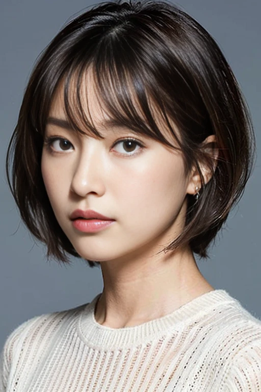 (highest quality, 8k, 32k, masterpiece, Ultra-high resolution: 1.2), Japanese Beauty, big, Very short bob hair, Upper Body, Face Focus, sweater, Simple Background, View your viewers