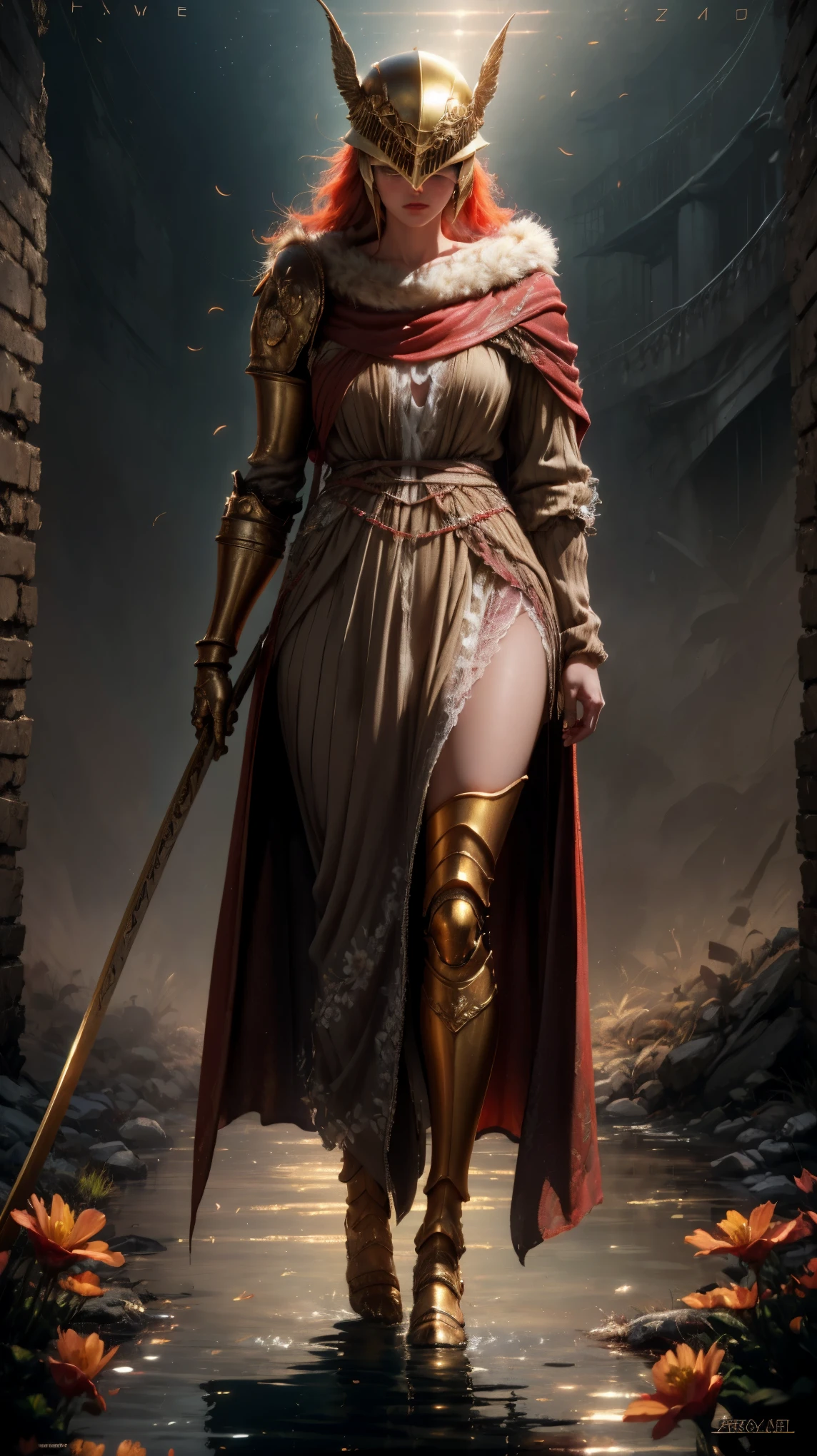 Highly detailed, High Quality, Masterpiece, beautiful, Malenia, prothestic leg, single mechanical arm, prosthesis, armor, cape, helmet, brown dress, sword, holding sword, full body, wide shot, flower, water, solo, sunset, stylebuff, night, (dark environment), Highly detailed, high quality, masterpiece, beautiful, 1 girl, prosthetic leg, single mechanical arm, prosthesis, MaleniaDef, armor, cape, helmet, brown dress, full body, (best quality)), ((masterpiece: 1.2) ), (extremely detailed: 1.1), (8k, high quality, cinematic, hyper realistic, illustration), (autodesk maya, octane rendering, unreal engine, game character, ray tracing, hdr), (16mm focal length , f/4 aperture, dynamic perspective, depth of field), (1 girl, dynamic angle, casting pose. malenia, long bright red hair like blood, brown thorn-woven dress, single mechanical arm, prosthetic leg, prosthesis, boots of battle. Cloak of blood, underlying golden armor, valley of withered flowers, ancient sculptures around it), 3d, realistic, CG, 3D model, beautiful, elegant, confident, (hdri, bloom, edge lighting, soft lighting, discreet), zhongfenghua, delicate\(armor\) ancient robe, golden helmet, mage_glam, caftan,