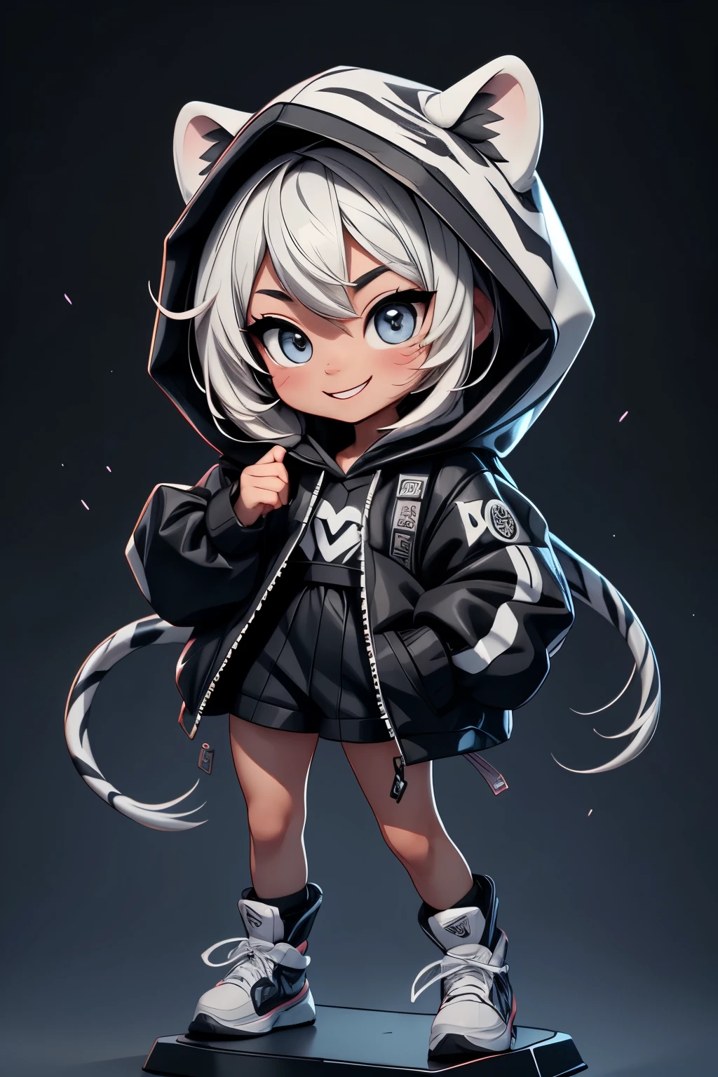 One Girl、Chibi、Black and white tiger costume、Wearing a hood、The best smile