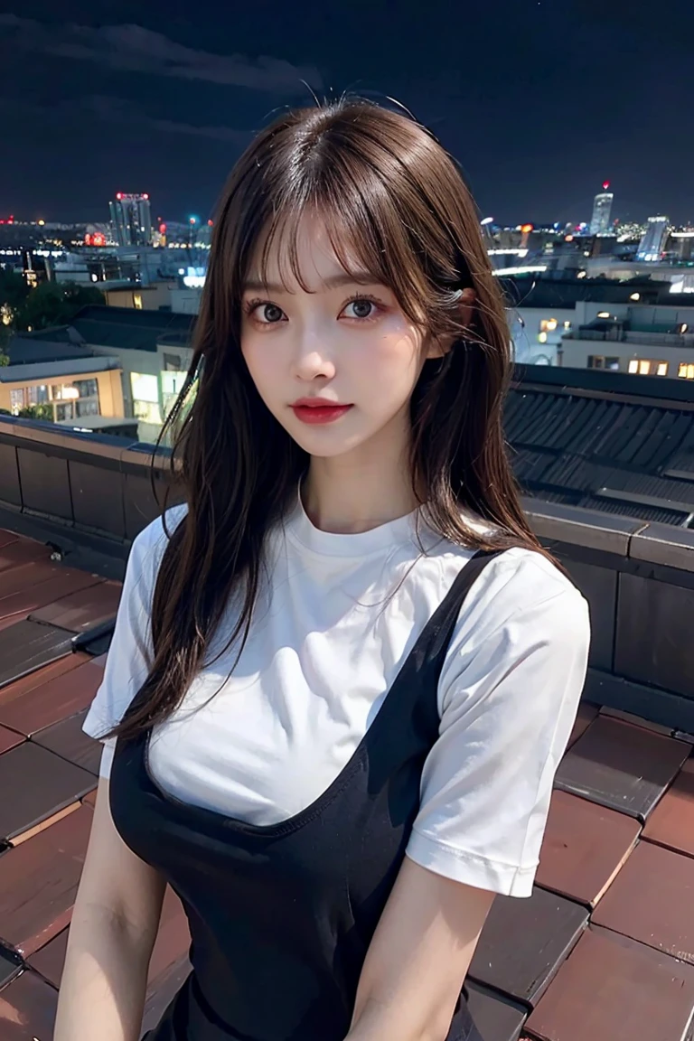((Midnight, Best quality, 8k, Masterpiece :1.3)), Whole body, Long legs, Sharp focus :1.2, A pretty woman with perfect figure :1.4, Slender abs :1.1, ((Dark brown hair,Gigantic breasts :1.2)), (White tight tshirt, Jean bib, Standing:1.2), ((Night city view, Rooftop:1.3)), Highly detailed face and skin texture, Detailed eyes, Double eyelid
