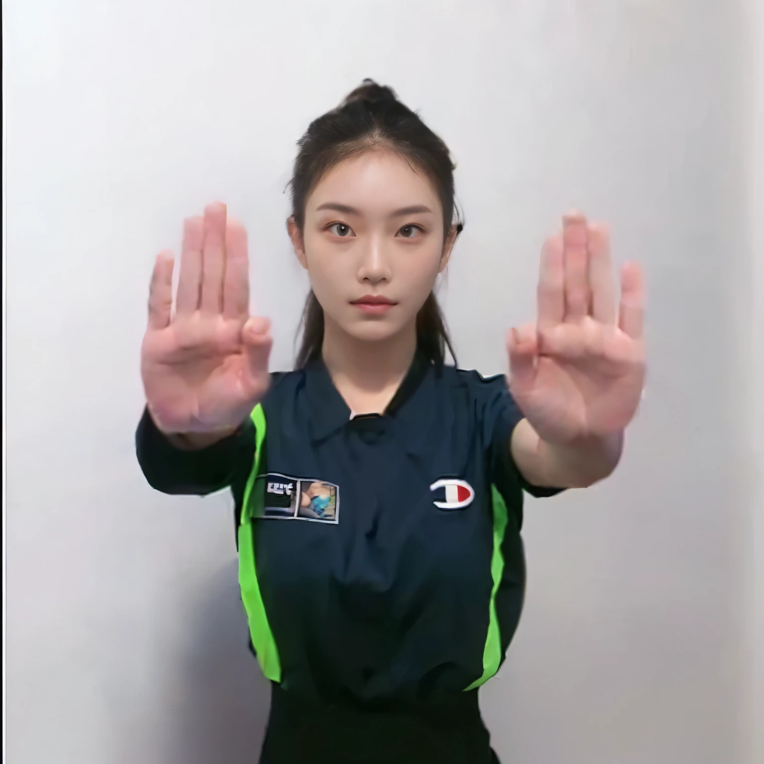 arafed woman in a blue shirt holding her hands up, in the style of sifu 🔥 😎 🕹️ 👀 :2, hands behind her body pose!, wave a hand at the camera, hand gesture, 2 arms and 2 legs, gesture, fighting stance, corrected hands, 2 arms and 2 legs!, hands behind her pose!, arms extended