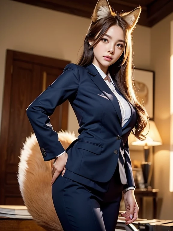 ((highest quality)), ((masterpiece)), (Get used to it), Perfect Face, Fox Girl, Beautiful woman, public, It has a tail, She has a fox&#39;s tail, She wags her tail, Troubled face, Collars and Leads, She is wearing a business suit, Beautiful Hips, Big tail, A tail sticking out from a business suit