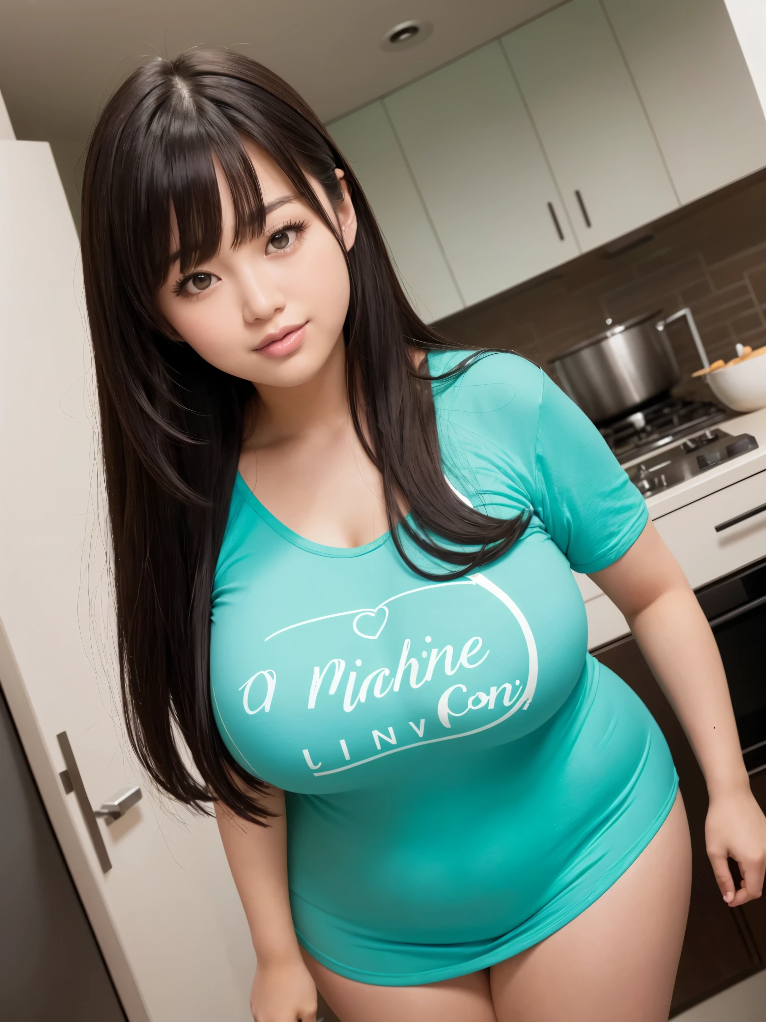 In a modern kitchen, morning. voluptuous, curvy woman, Hana haruna, gravure idol. body measurement of 100-70-90. beautiful chubby face, round face, long hair, straight bangs. Her wide heart-shaped lips curl up, light smile. Beautiful seductive eyes. She wears a long t-shirt, black and teal. Glossy skin. Soft, warm indirect light. Cinematic